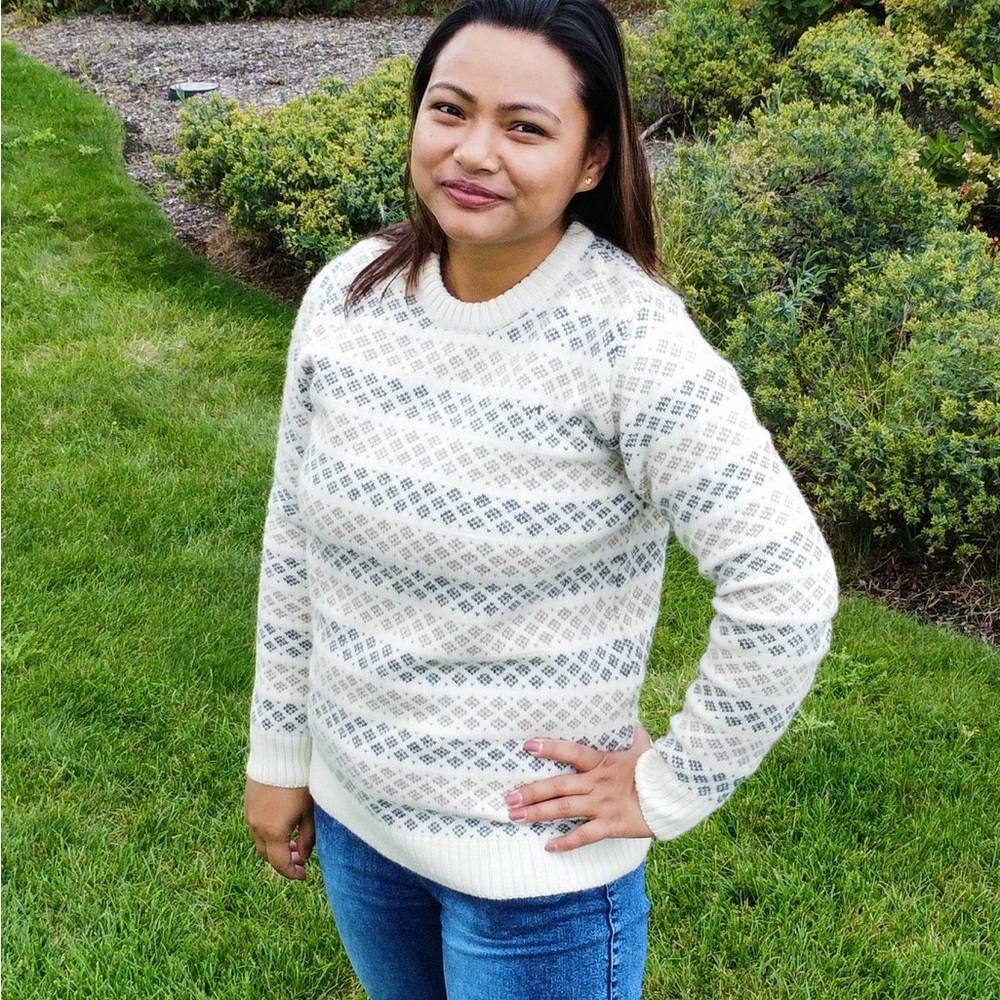 Women's Cream and Black Patterned Crewneck Sweater